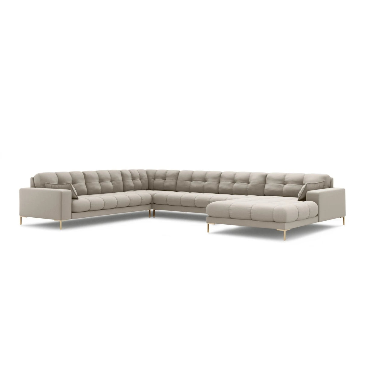 Mamaia 7-Sitzer Panorama-Ecksofa, Linke Seite, Beine Goldmetall, mit Bezug aus Strukturierter Stoff (Nev04) in Beige, 327x256 cm – Bild 1