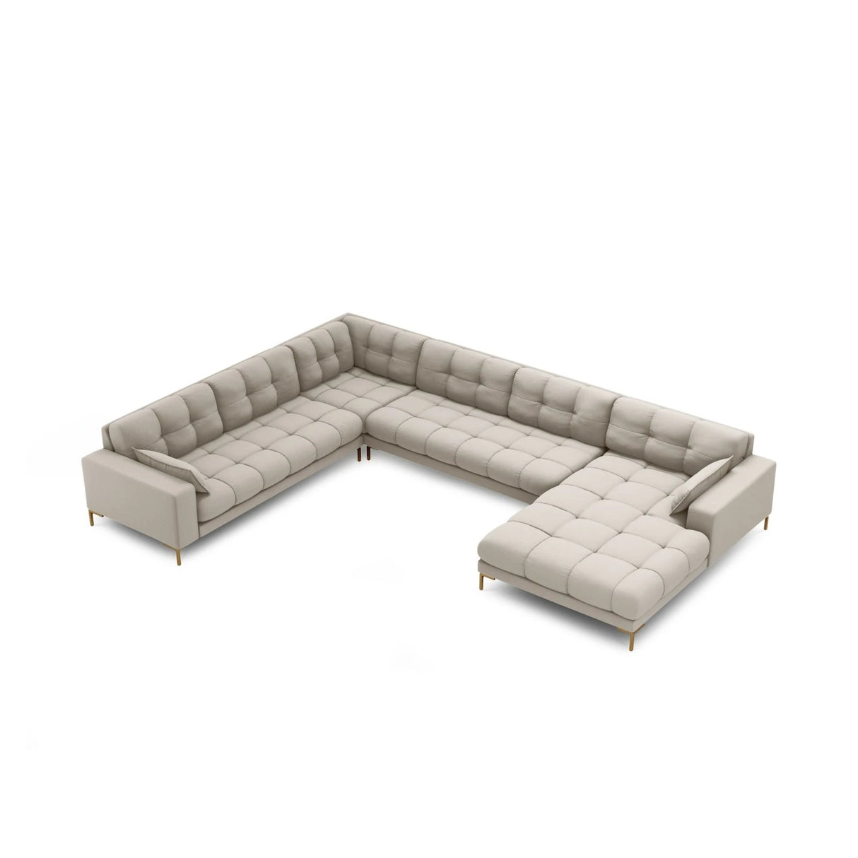 Mamaia 7-Sitzer Panorama-Ecksofa, Linke Seite, Beine Goldmetall, mit Bezug aus Strukturierter Stoff (Nev04) in Beige, 327x256 cm – Bild 4