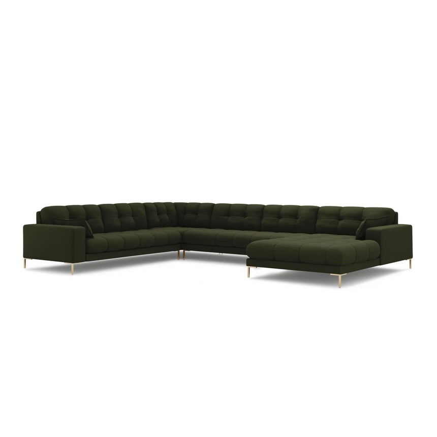 Mamaia 7-Sitzer Panorama-Ecksofa, Linke Seite, Beine Goldmetall, mit Bezug aus Strukturierter Stoff (Nev39) in Grün, 327x256 cm – Bild 1