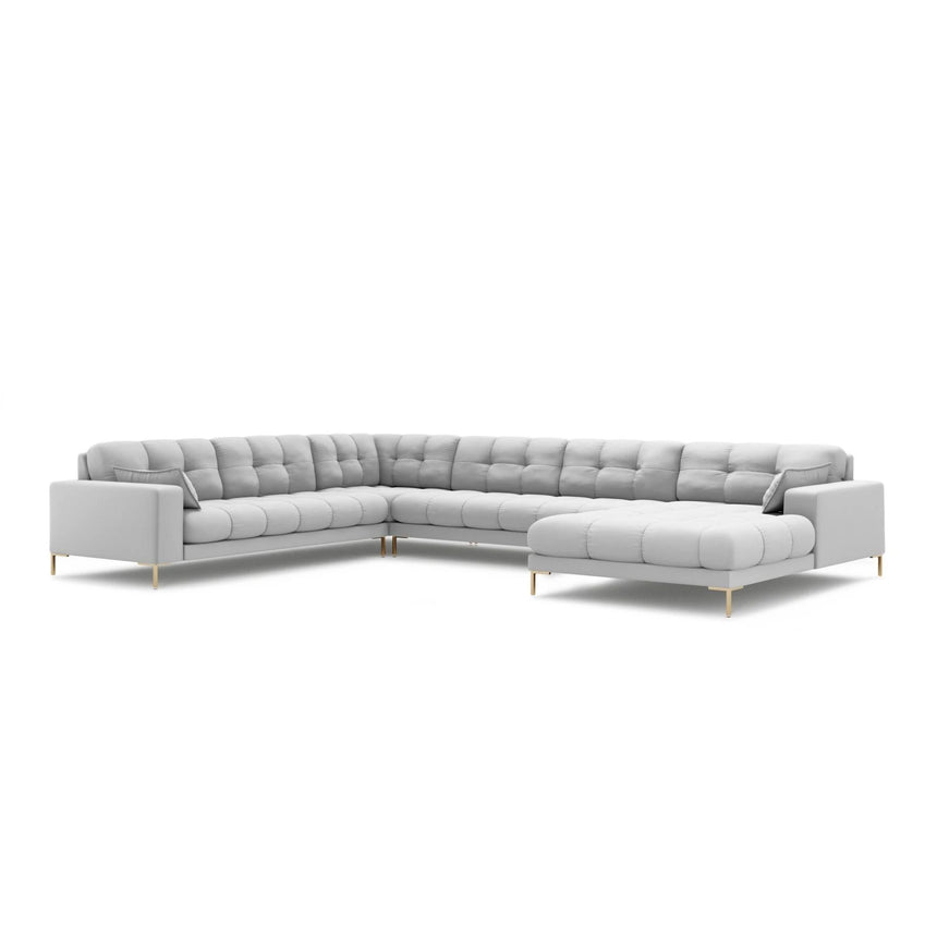Mamaia 7-Sitzer Panorama-Ecksofa, Linke Seite, Beine Goldmetall, mit Bezug aus Strukturierter Stoff (Nev80) in Hellgrau, 327x256 cm – Bild 1