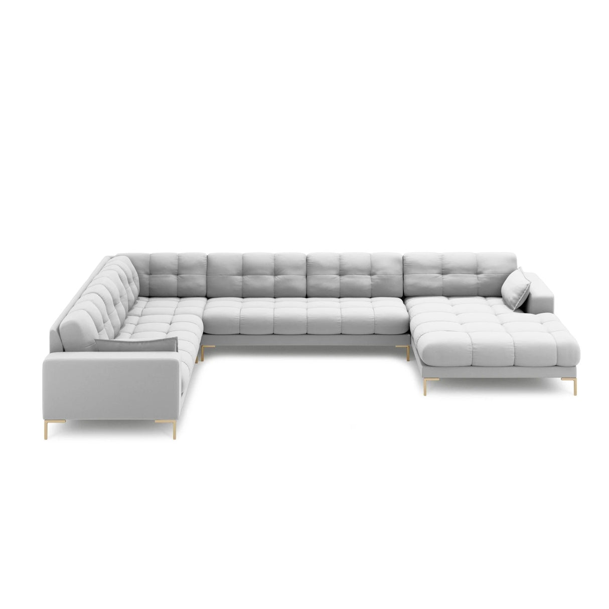 Mamaia 7-Sitzer Panorama-Ecksofa, Linke Seite, Beine Goldmetall, mit Bezug aus Strukturierter Stoff (Nev80) in Hellgrau, 327x256 cm – Bild 3