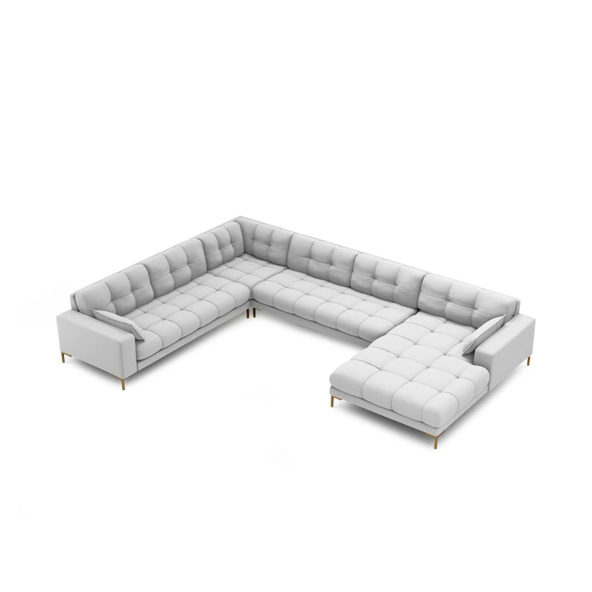 Mamaia 7-Sitzer Panorama-Ecksofa, Linke Seite, Beine Goldmetall, mit Bezug aus Strukturierter Stoff (Nev80) in Hellgrau, 327x256 cm – Bild 4