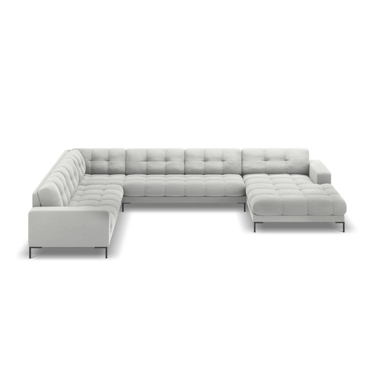 Mamaia 7-Sitzer Panorama-Ecksofa, Linke Seite, Metallbeine Schwarz, mit Bezug aus Samt (Blu03) in Silber, 327x256 cm – Bild 4