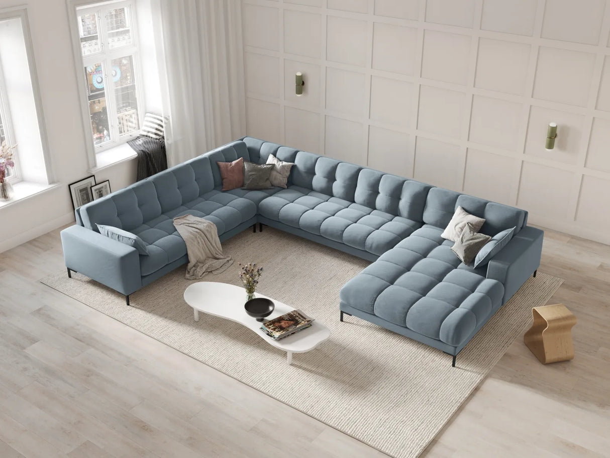 Mamaia 7-Sitzer Panorama-Ecksofa, Linke Seite, Metallbeine Schwarz, mit Bezug aus Samt (Blu06) in Hellblau, 327x256 cm – Bild 2
