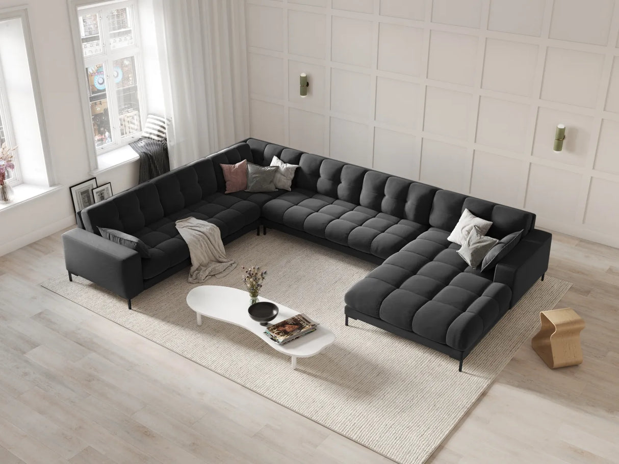Mamaia 7-Sitzer Panorama-Ecksofa, Linke Seite, Metallbeine Schwarz, mit Bezug aus Samt (Blu18) in Dunkelgrau, 327x256 cm – Bild 2