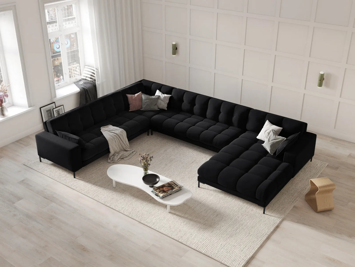 Mamaia 7-Sitzer Panorama-Ecksofa, Linke Seite, Metallbeine Schwarz, mit Bezug aus Samt (Blu19) in Schwarz, 327x256 cm – Bild 2