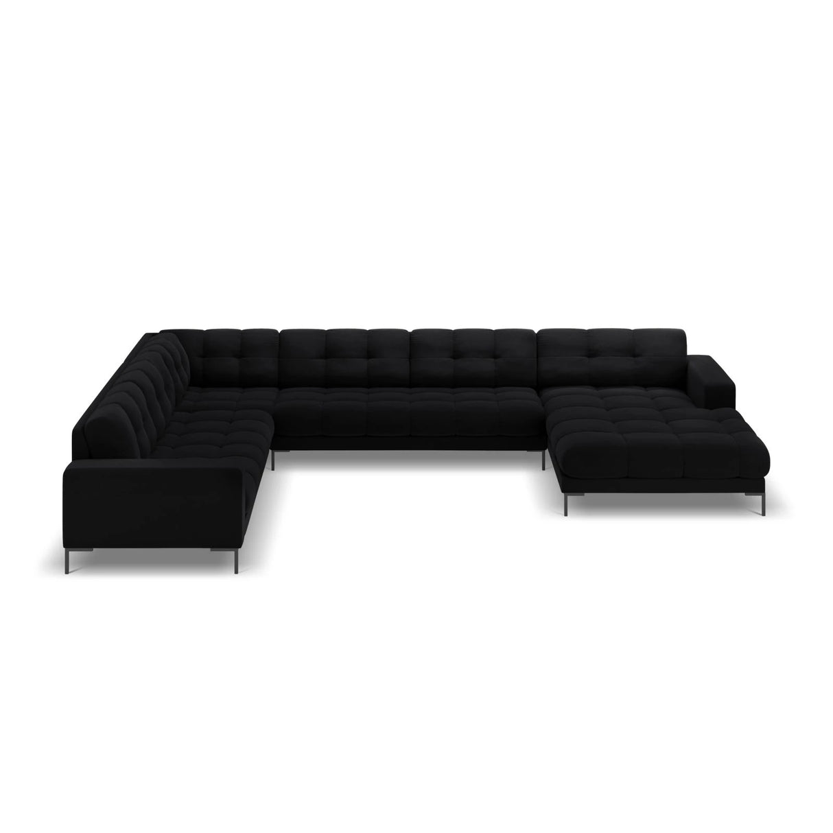 Mamaia 7-Sitzer Panorama-Ecksofa, Linke Seite, Metallbeine Schwarz, mit Bezug aus Samt (Blu19) in Schwarz, 327x256 cm – Bild 4