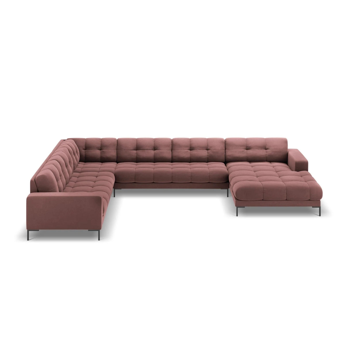 Mamaia 7-Sitzer Panorama-Ecksofa, Linke Seite, Metallbeine Schwarz, mit Bezug aus Samt (Blu52) in Rosa, 327x256 cm – Bild 4