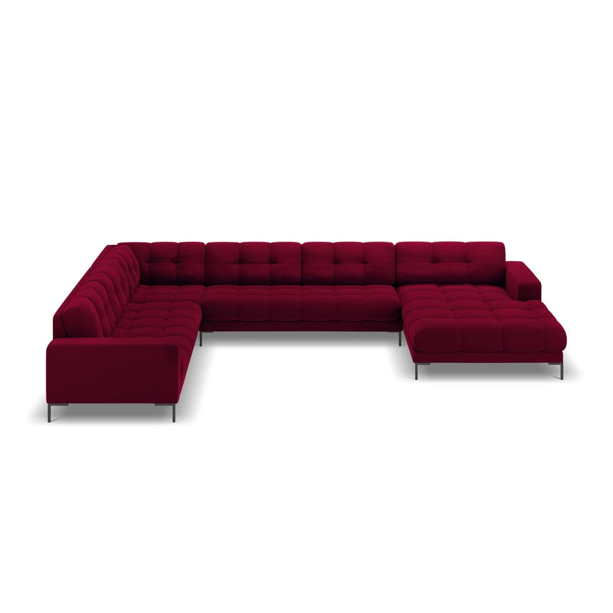 Mamaia 7-Sitzer Panorama-Ecksofa, Linke Seite, Metallbeine Schwarz, mit Bezug aus Samt (Blu59) in Rot, 327x256 cm – Bild 4