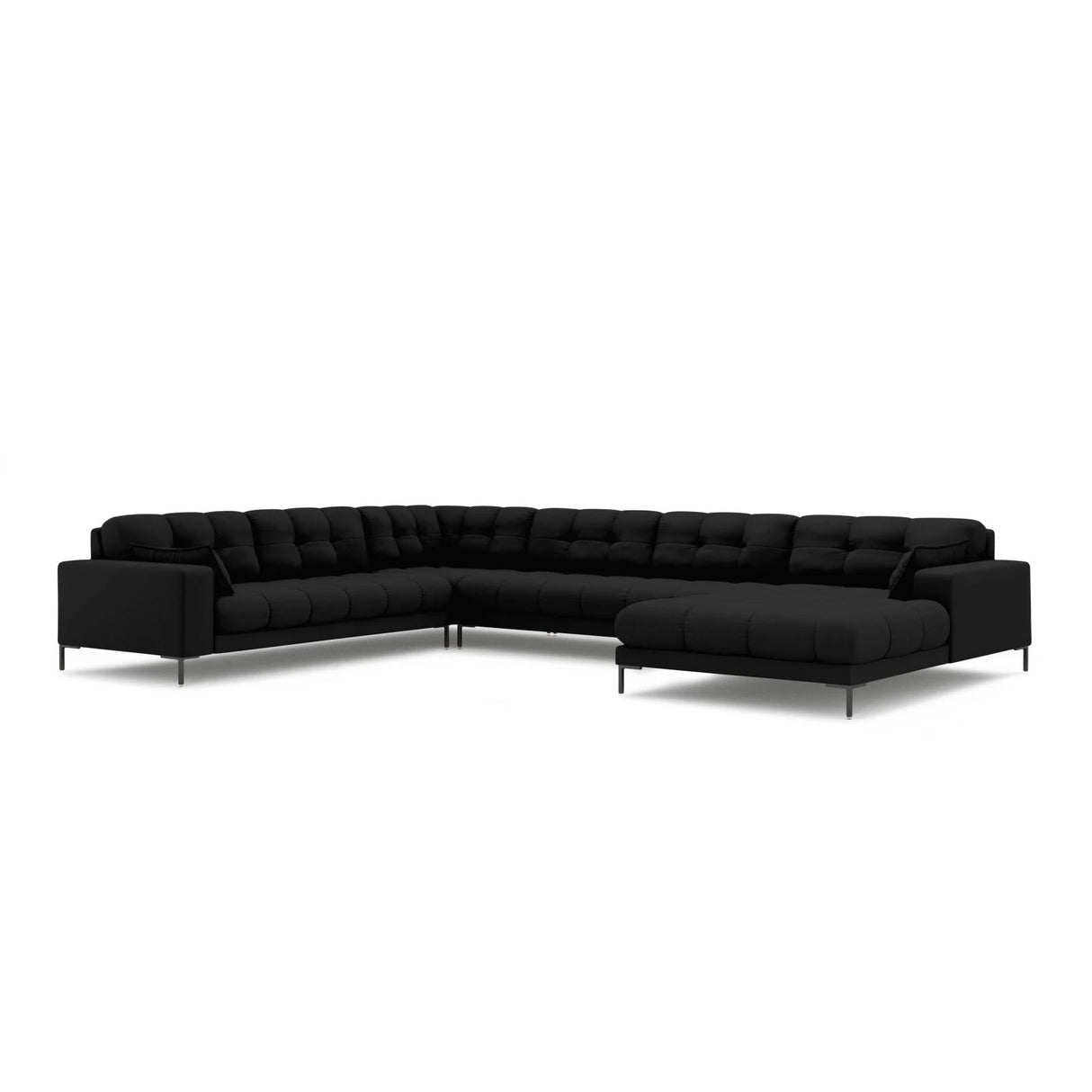 Mamaia 7-Sitzer Panorama-Ecksofa, Linke Seite, Metallbeine Schwarz, mit Bezug aus Strukturierter Stoff (Nev100) in Schwarz, 327x256 cm – Bild 1