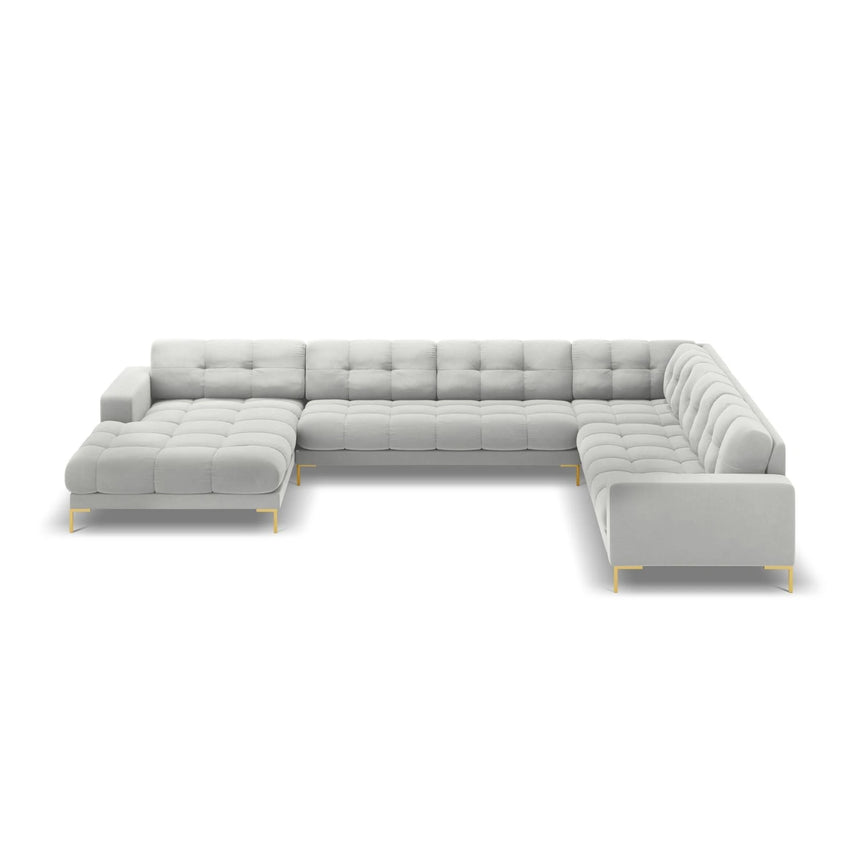 Mamaia 7-Sitzer Panorama-Ecksofa, Rechte Seite, Beine Goldmetall, mit Bezug aus Samt (Blu03) in Silber, 327x256 cm – Bild 4