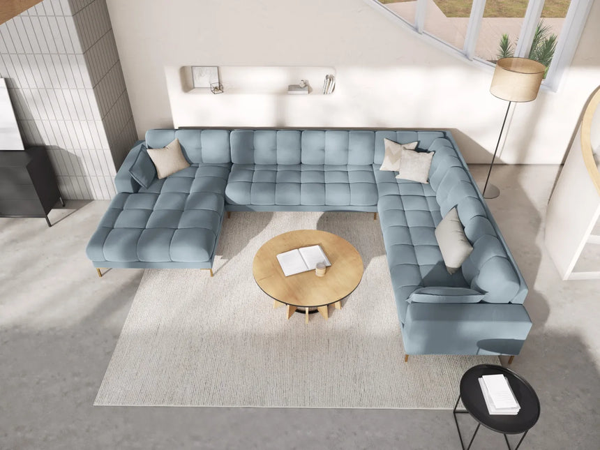 Mamaia 7-Sitzer Panorama-Ecksofa, Rechte Seite, Beine Goldmetall, mit Bezug aus Samt (Blu06) in Hellblau, 327x256 cm – Bild 2