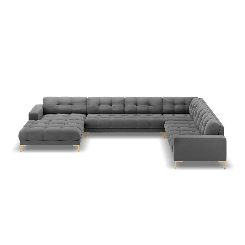Mamaia 7-Sitzer Panorama-Ecksofa, Rechte Seite, Beine Goldmetall, mit Bezug aus Samt (Blu13) in Hellgrau, 327x256 cm – Bild 4