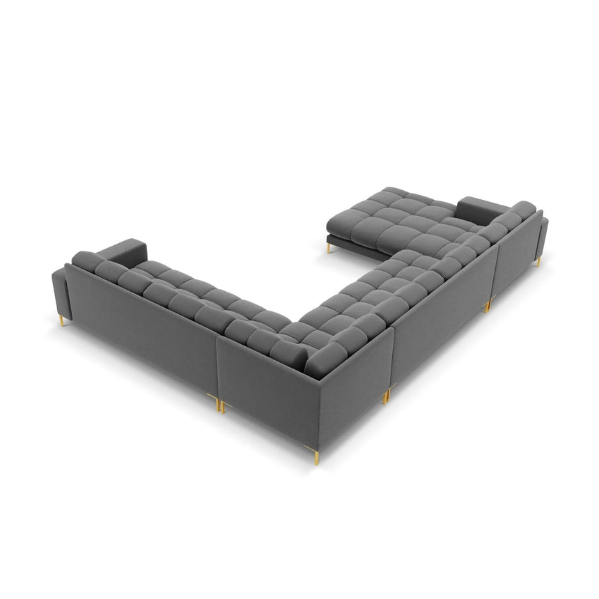 Mamaia 7-Sitzer Panorama-Ecksofa, Rechte Seite, Beine Goldmetall, mit Bezug aus Samt (Blu13) in Hellgrau, 327x256 cm – Bild 5