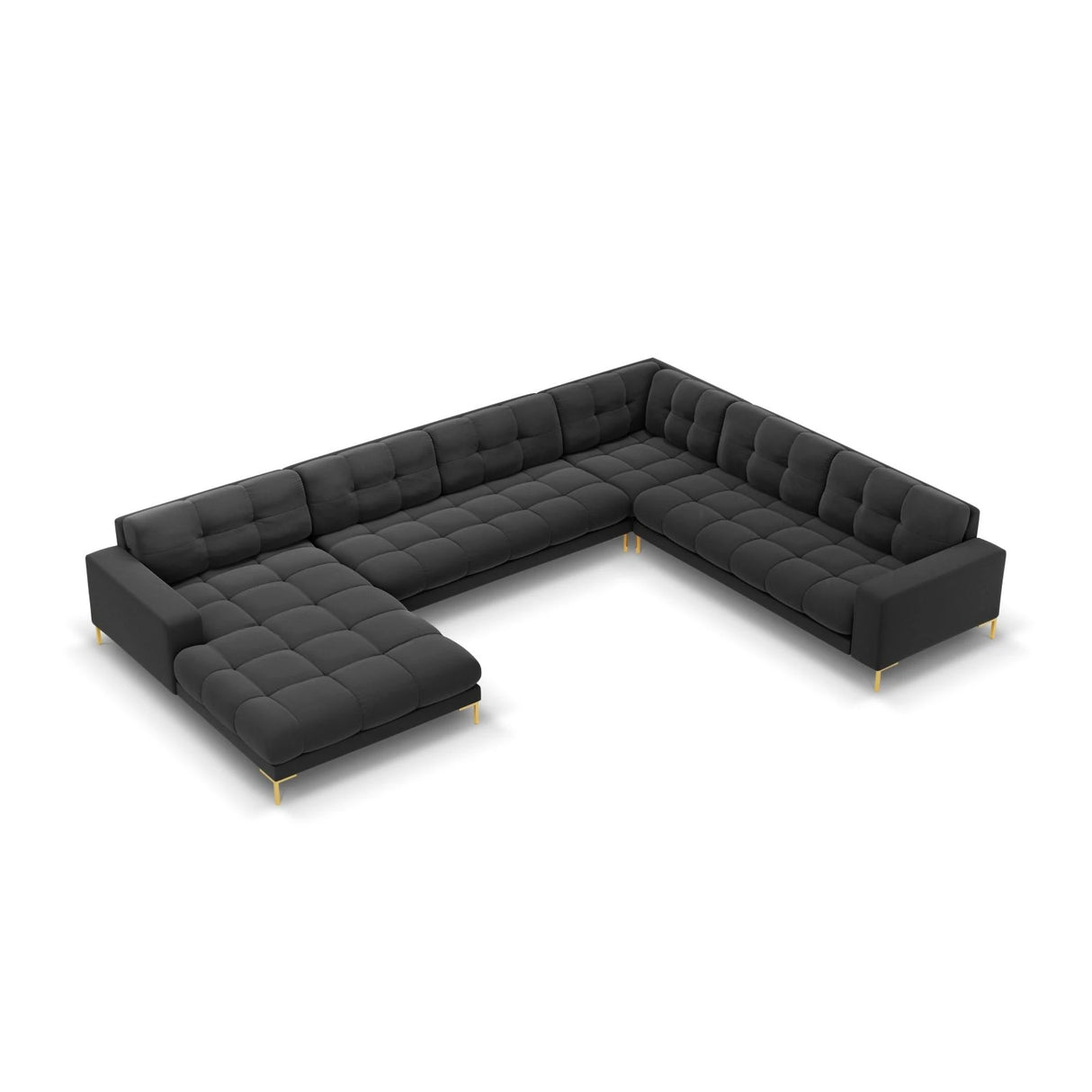 Mamaia 7-Sitzer Panorama-Ecksofa, Rechte Seite, Beine Goldmetall, mit Bezug aus Samt (Blu18) in Dunkelgrau, 327x256 cm – Bild 1