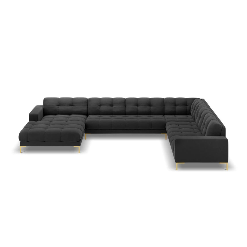 Mamaia 7-Sitzer Panorama-Ecksofa, Rechte Seite, Beine Goldmetall, mit Bezug aus Samt (Blu18) in Dunkelgrau, 327x256 cm – Bild 4