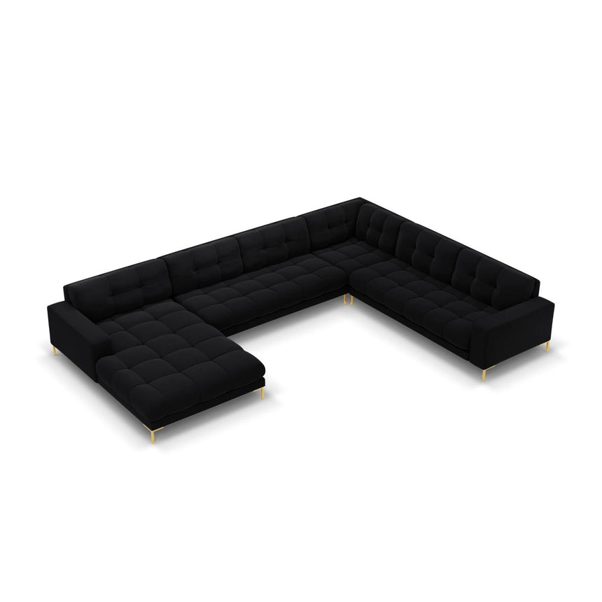 Mamaia 7-Sitzer Panorama-Ecksofa, Rechte Seite, Beine Goldmetall, mit Bezug aus Samt (Blu19) in Schwarz, 327x256 cm – Bild 1