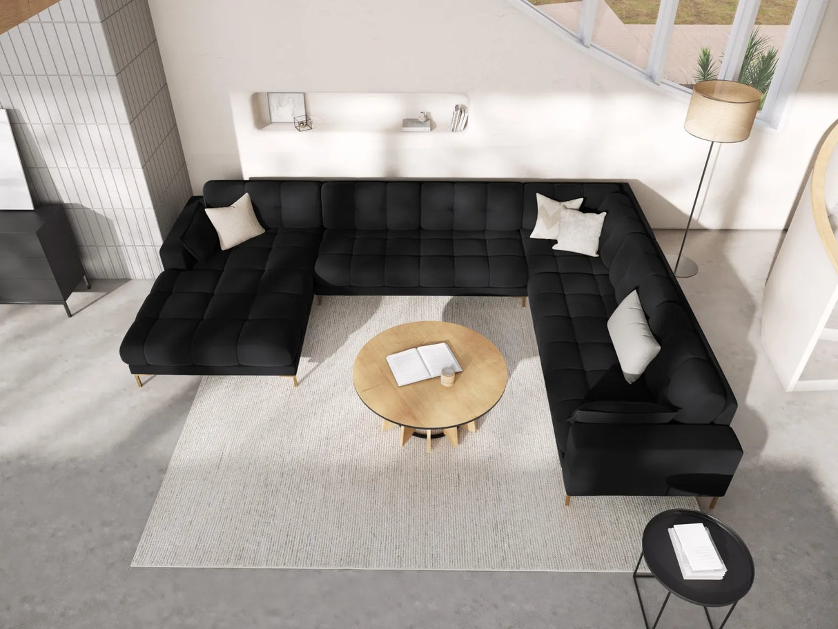 Mamaia 7-Sitzer Panorama-Ecksofa, Rechte Seite, Beine Goldmetall, mit Bezug aus Samt (Blu19) in Schwarz, 327x256 cm – Bild 2