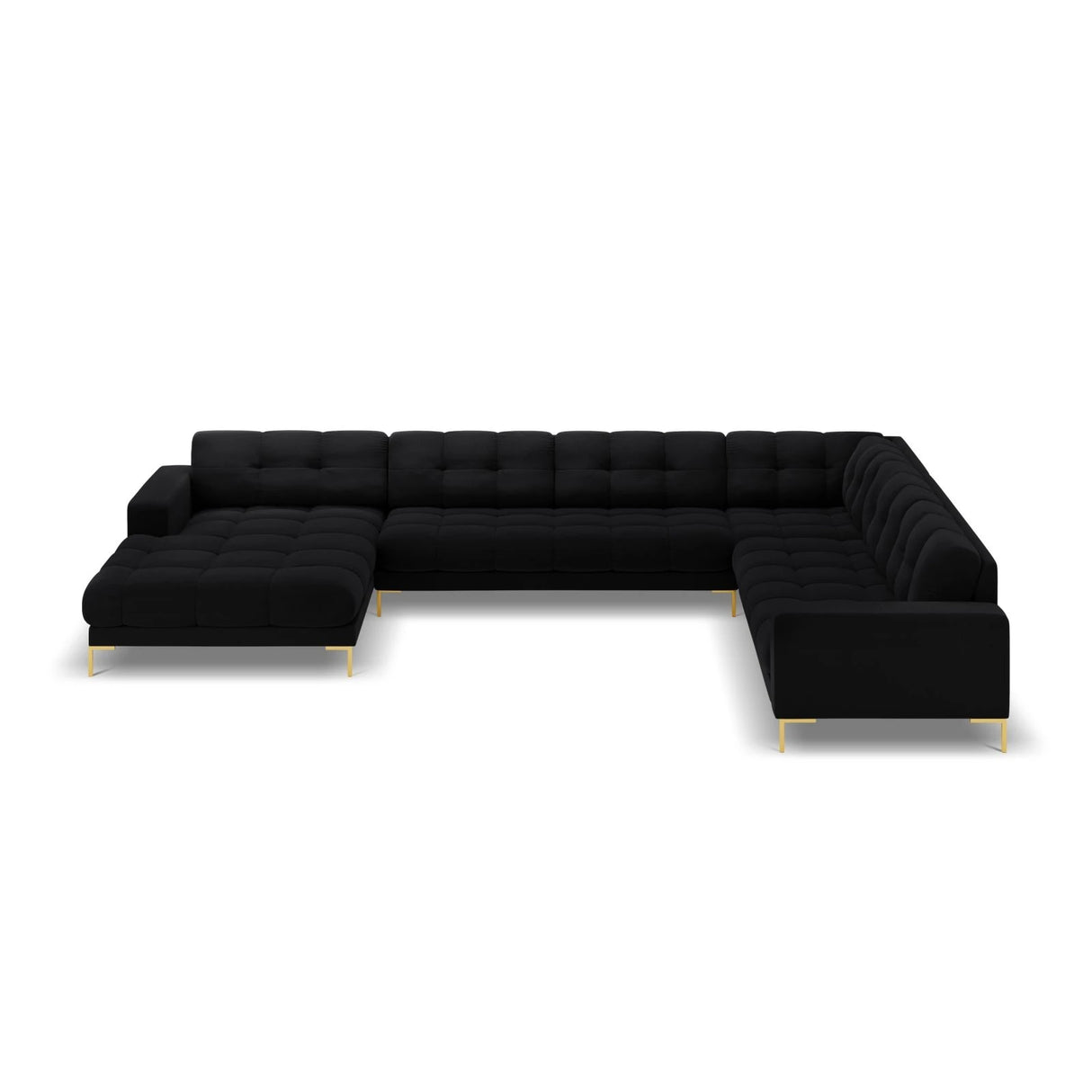 Mamaia 7-Sitzer Panorama-Ecksofa, Rechte Seite, Beine Goldmetall, mit Bezug aus Samt (Blu19) in Schwarz, 327x256 cm – Bild 4