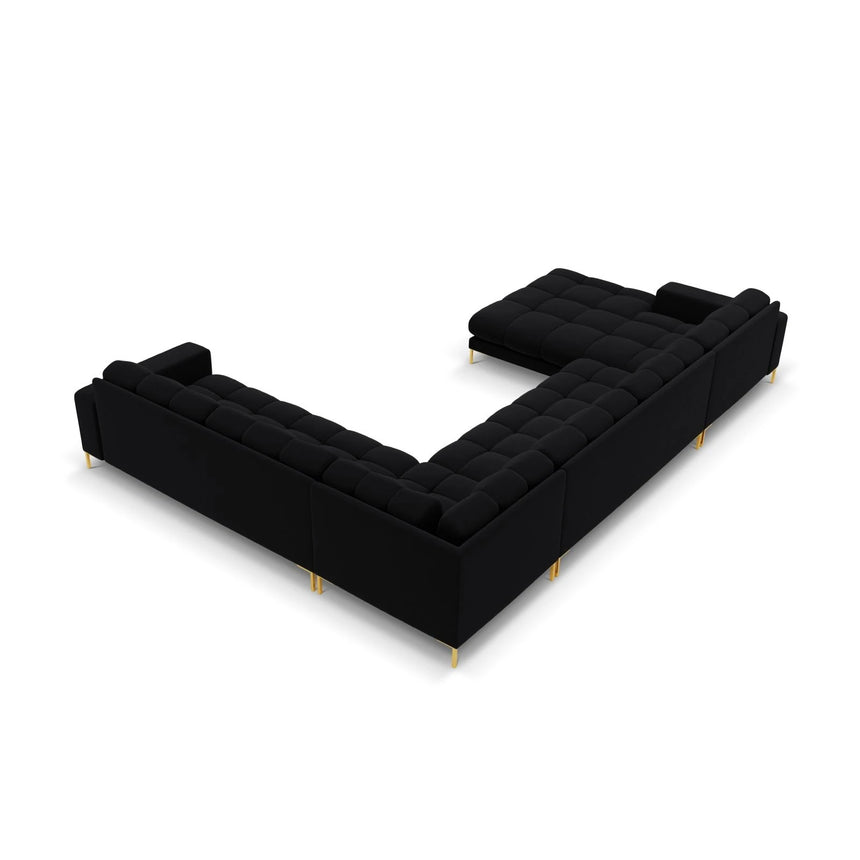 Mamaia 7-Sitzer Panorama-Ecksofa, Rechte Seite, Beine Goldmetall, mit Bezug aus Samt (Blu19) in Schwarz, 327x256 cm – Bild 5