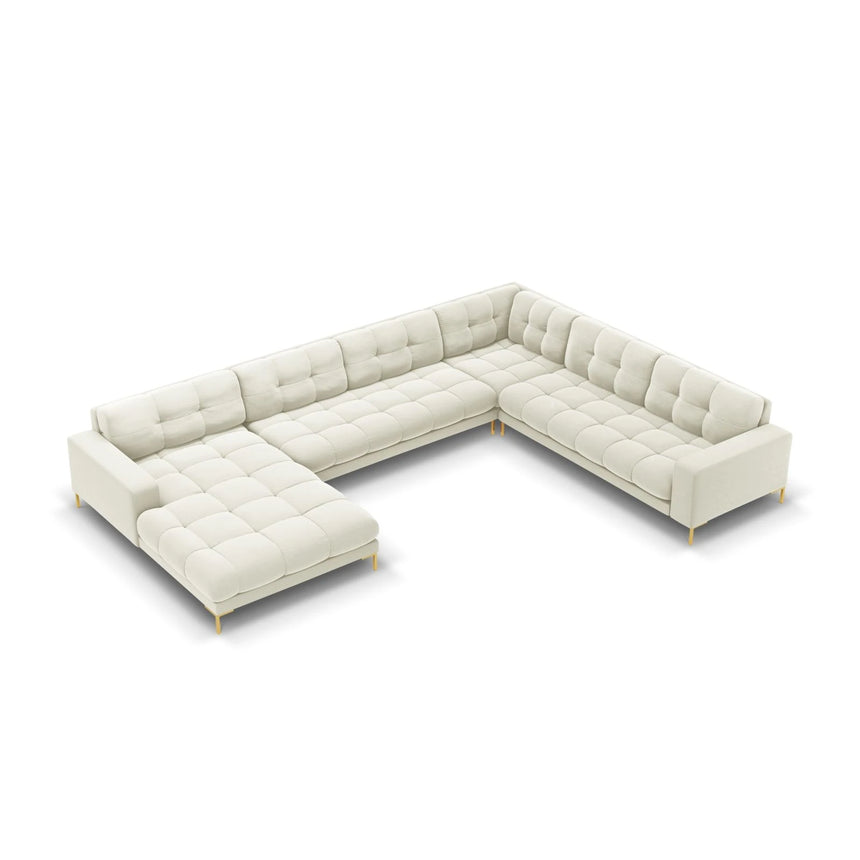 Mamaia 7-Sitzer Panorama-Ecksofa, Rechte Seite, Beine Goldmetall, mit Bezug aus Samt (Blu22) in Leichtes Beige, 327x256 cm – Bild 1