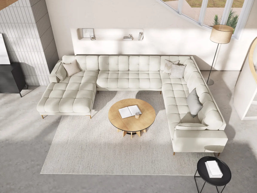 Mamaia 7-Sitzer Panorama-Ecksofa, Rechte Seite, Beine Goldmetall, mit Bezug aus Samt (Blu22) in Leichtes Beige, 327x256 cm – Bild 2