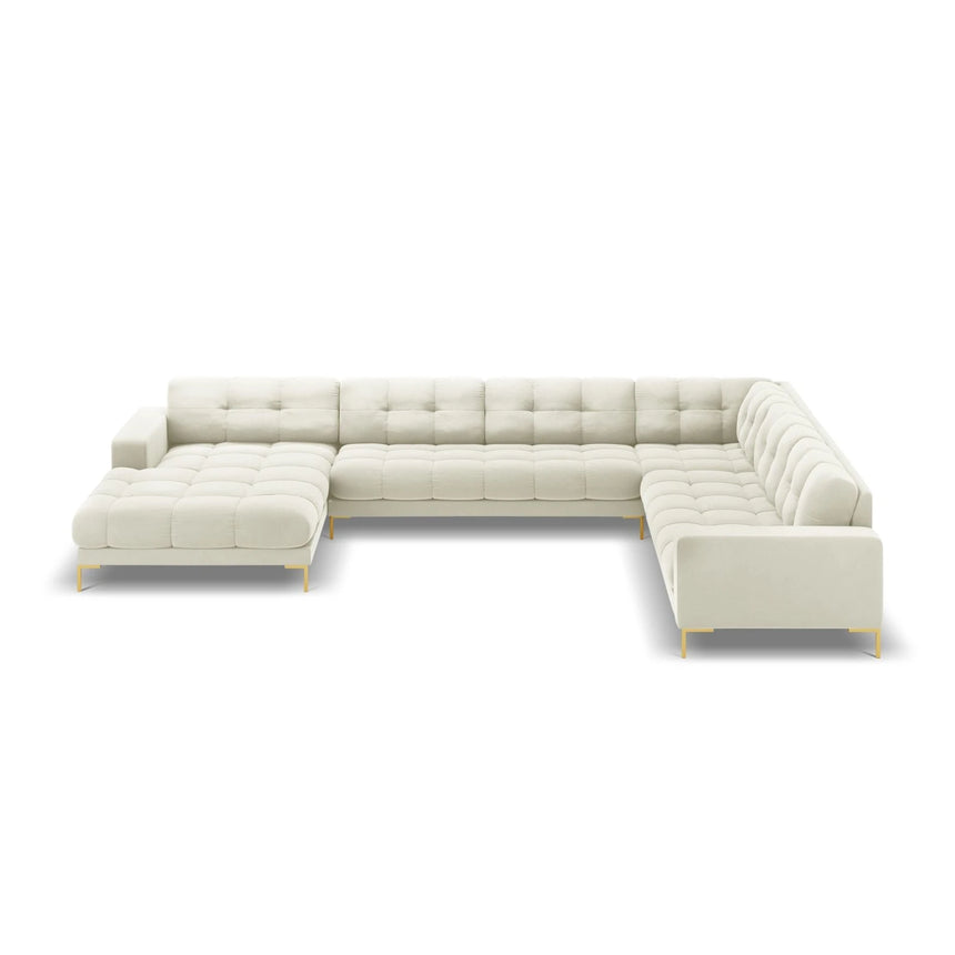 Mamaia 7-Sitzer Panorama-Ecksofa, Rechte Seite, Beine Goldmetall, mit Bezug aus Samt (Blu22) in Leichtes Beige, 327x256 cm – Bild 4