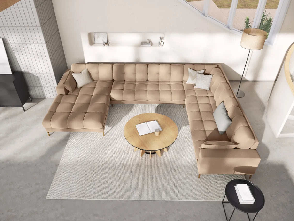 Mamaia 7-Sitzer Panorama-Ecksofa, Rechte Seite, Beine Goldmetall, mit Bezug aus Samt (Blu28) in Beige, 327x256 cm – Bild 2