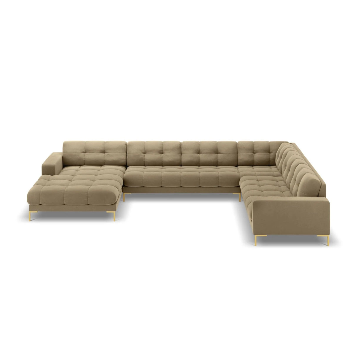 Mamaia 7-Sitzer Panorama-Ecksofa, Rechte Seite, Beine Goldmetall, mit Bezug aus Samt (Blu28) in Beige, 327x256 cm – Bild 4