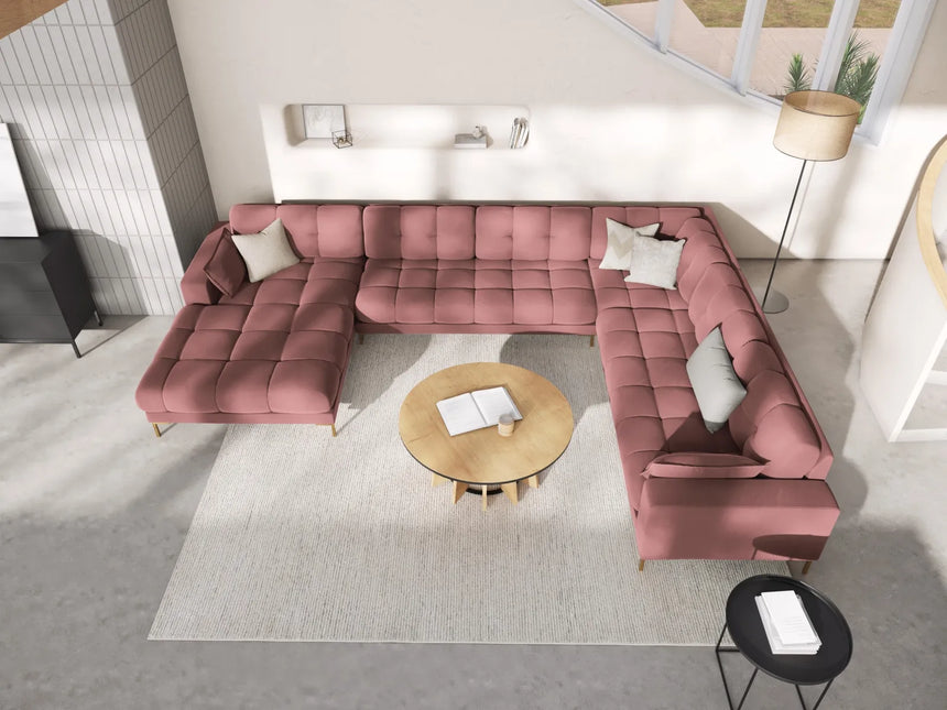 Mamaia 7-Sitzer Panorama-Ecksofa, Rechte Seite, Beine Goldmetall, mit Bezug aus Samt (Blu52) in Rosa, 327x256 cm – Bild 2