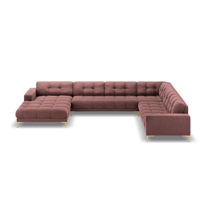 Mamaia 7-Sitzer Panorama-Ecksofa, Rechte Seite, Beine Goldmetall, mit Bezug aus Samt (Blu52) in Rosa, 327x256 cm – Bild 4