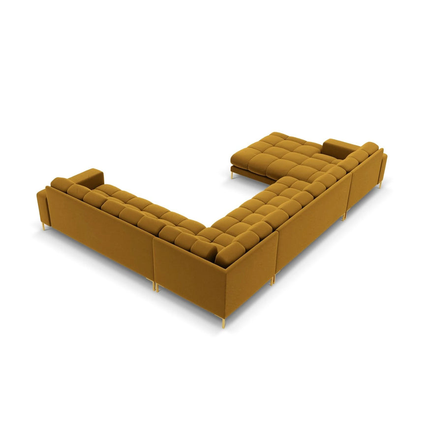 Mamaia 7-Sitzer Panorama-Ecksofa, Rechte Seite, Beine Goldmetall, mit Bezug aus Samt (Blu68) in Gelb, 327x256 cm – Bild 5