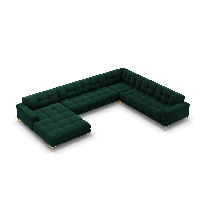 Mamaia 7-Sitzer Panorama-Ecksofa, Rechte Seite, Beine Goldmetall, mit Bezug aus Samt (Blu78) in Flaschengrün, 327x256 cm – Bild 1