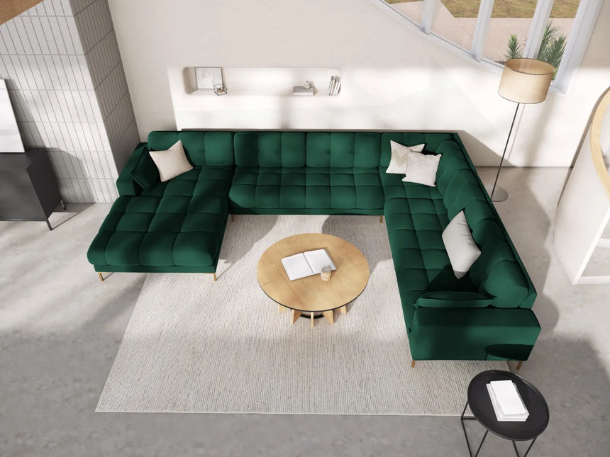 Mamaia 7-Sitzer Panorama-Ecksofa, Rechte Seite, Beine Goldmetall, mit Bezug aus Samt (Blu78) in Flaschengrün, 327x256 cm – Bild 2