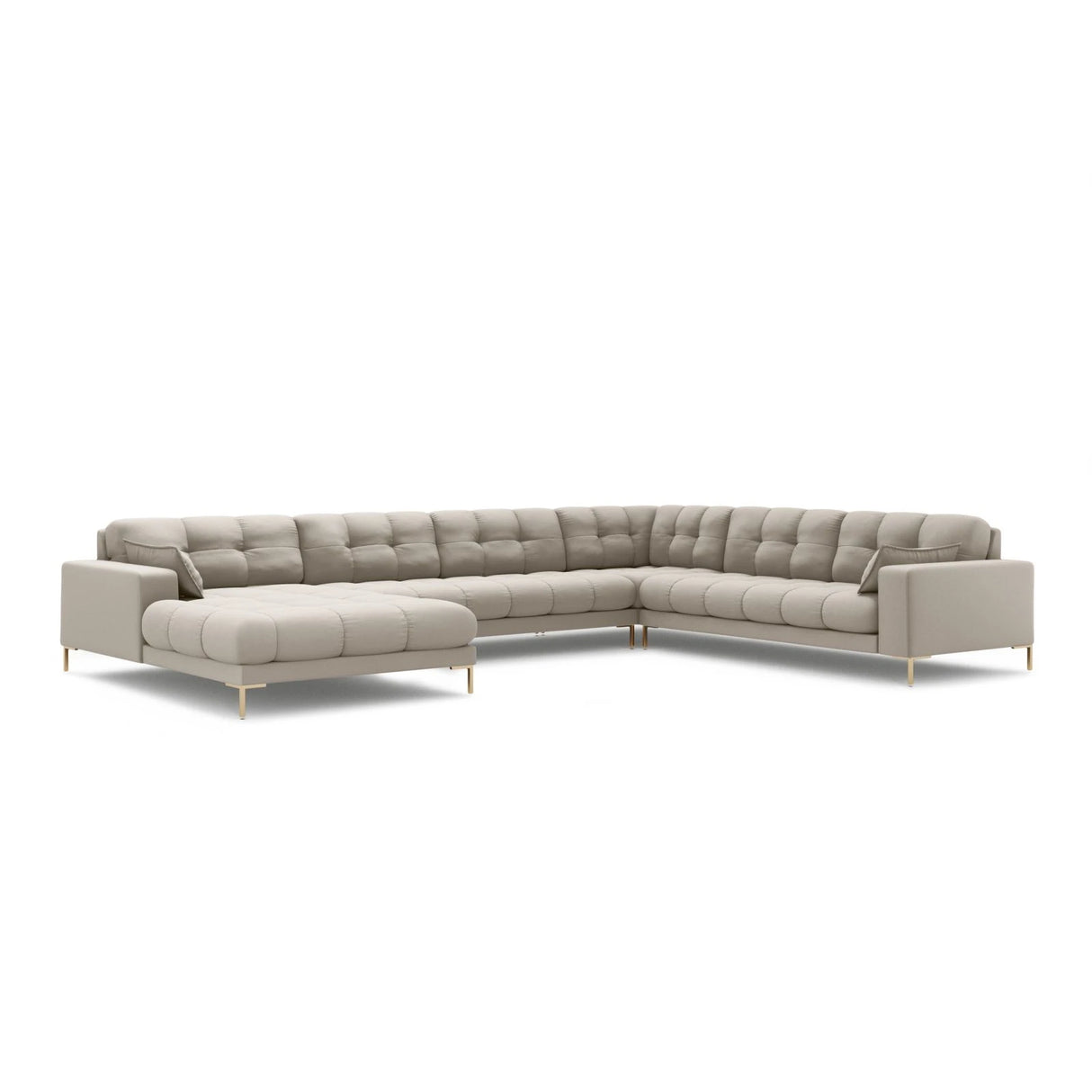 Mamaia 7-Sitzer Panorama-Ecksofa, Rechte Seite, Beine Goldmetall, mit Bezug aus Strukturierter Stoff (Nev04) in Beige, 327x256 cm – Bild 1