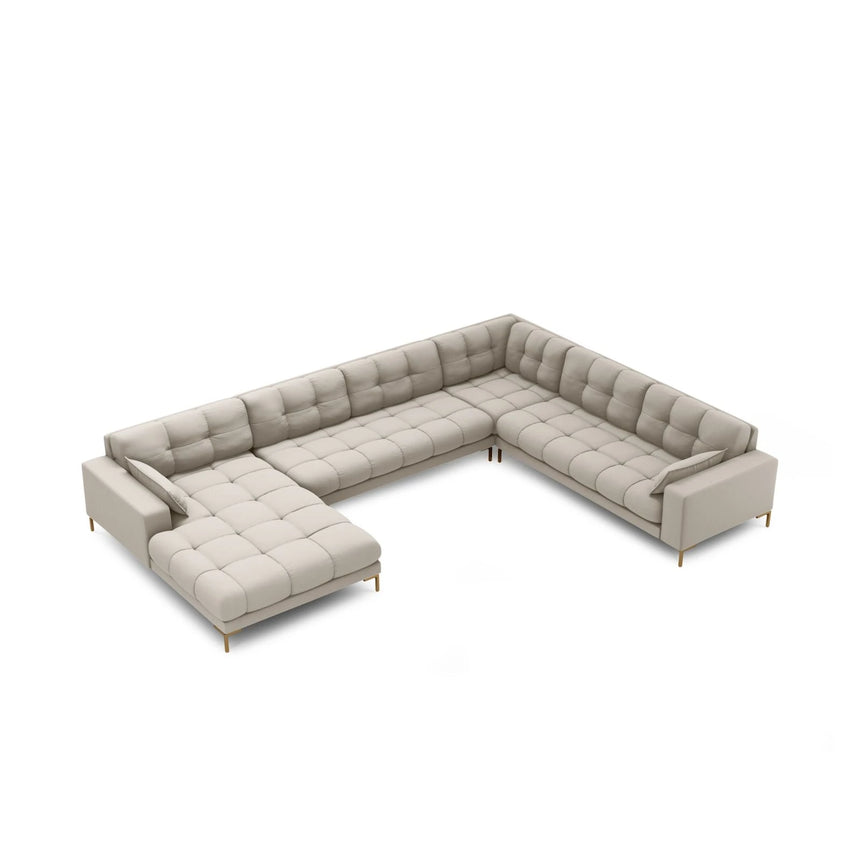 Mamaia 7-Sitzer Panorama-Ecksofa, Rechte Seite, Beine Goldmetall, mit Bezug aus Strukturierter Stoff (Nev04) in Beige, 327x256 cm – Bild 4