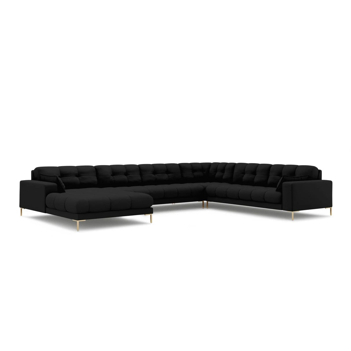 Mamaia 7-Sitzer Panorama-Ecksofa, Rechte Seite, Beine Goldmetall, mit Bezug aus Strukturierter Stoff (Nev100) in Schwarz, 327x256 cm – Bild 1
