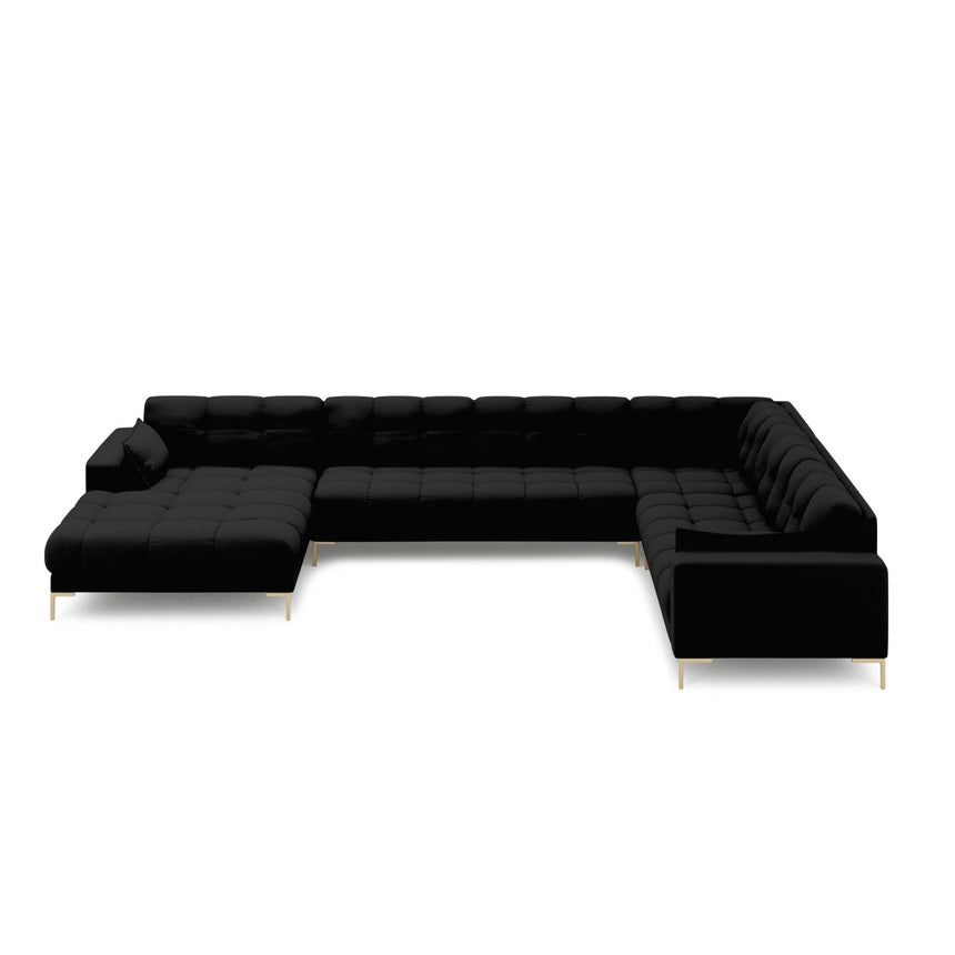 Mamaia 7-Sitzer Panorama-Ecksofa, Rechte Seite, Beine Goldmetall, mit Bezug aus Strukturierter Stoff (Nev100) in Schwarz, 327x256 cm – Bild 3