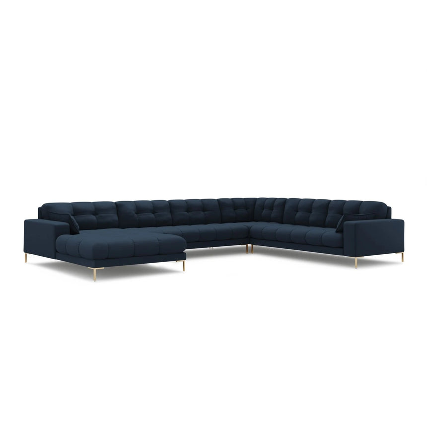 Mamaia 7-Sitzer Panorama-Ecksofa, Rechte Seite, Beine Goldmetall, mit Bezug aus Strukturierter Stoff (Nev77) in Blau, 327x256 cm – Bild 1