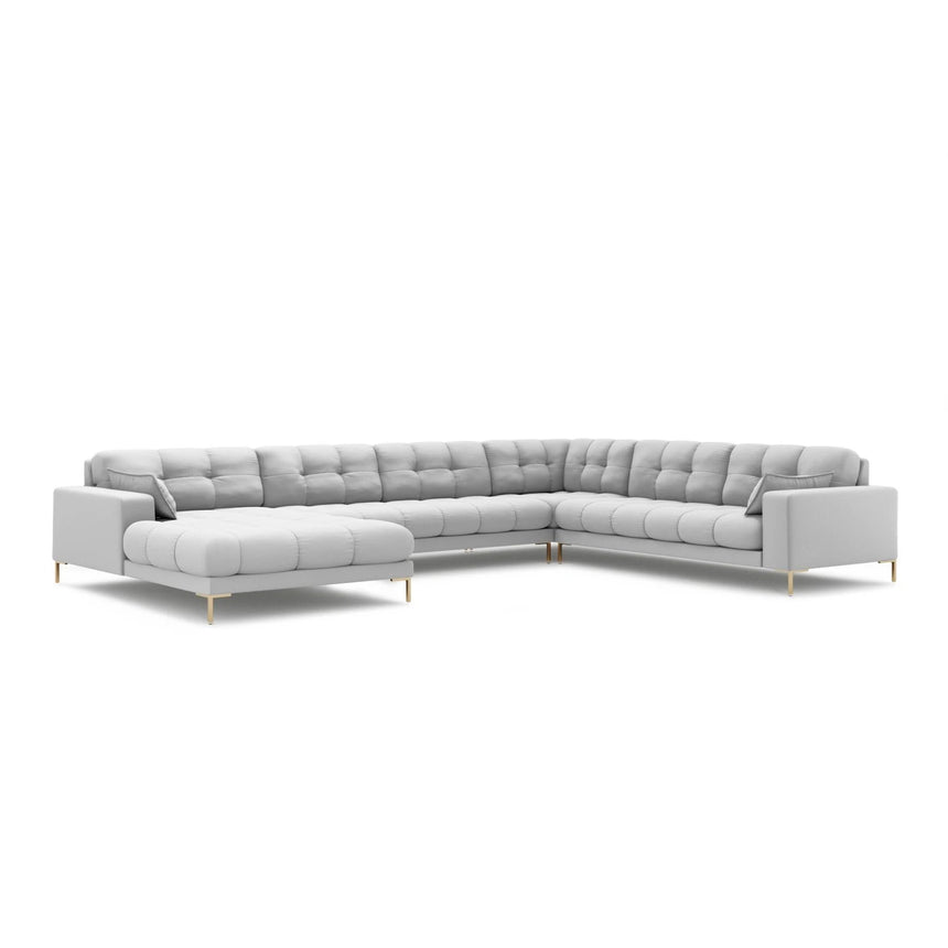 Mamaia 7-Sitzer Panorama-Ecksofa, Rechte Seite, Beine Goldmetall, mit Bezug aus Strukturierter Stoff (Nev80) in Hellgrau, 327x256 cm – Bild 1