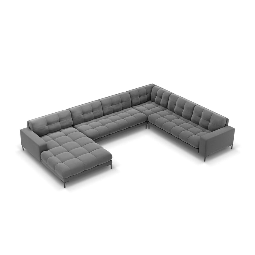 Mamaia 7-Sitzer Panorama-Ecksofa, Rechte Seite, Metallbeine Schwarz, mit Bezug aus Samt (Blu13) in Hellgrau, 327x256 cm – Bild 1