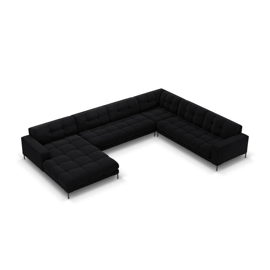 Mamaia 7-Sitzer Panorama-Ecksofa, Rechte Seite, Metallbeine Schwarz, mit Bezug aus Samt (Blu19) in Schwarz, 327x256 cm – Bild 1