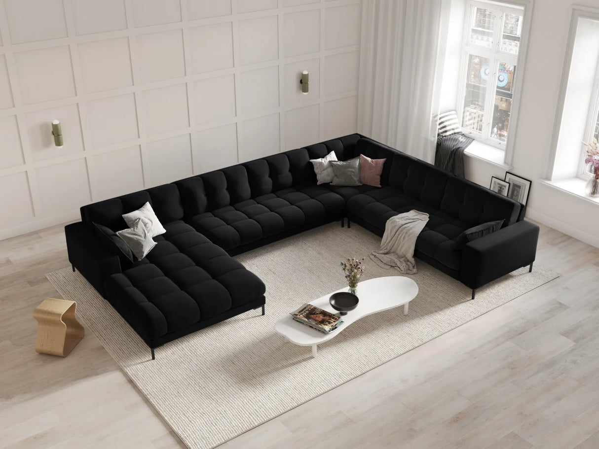 Mamaia 7-Sitzer Panorama-Ecksofa, Rechte Seite, Metallbeine Schwarz, mit Bezug aus Samt (Blu19) in Schwarz, 327x256 cm – Bild 2