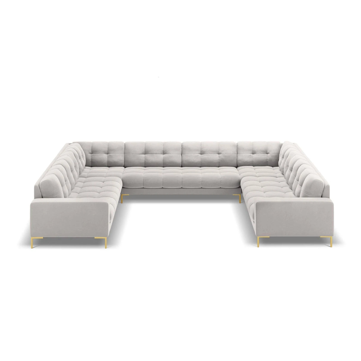 Mamaia 9-Sitzer Panorama-Sofa symmetrisch, Beine Goldmetall, mit Bezug aus Samt (Blu03) in Silber, 337x256 cm – Bild 3