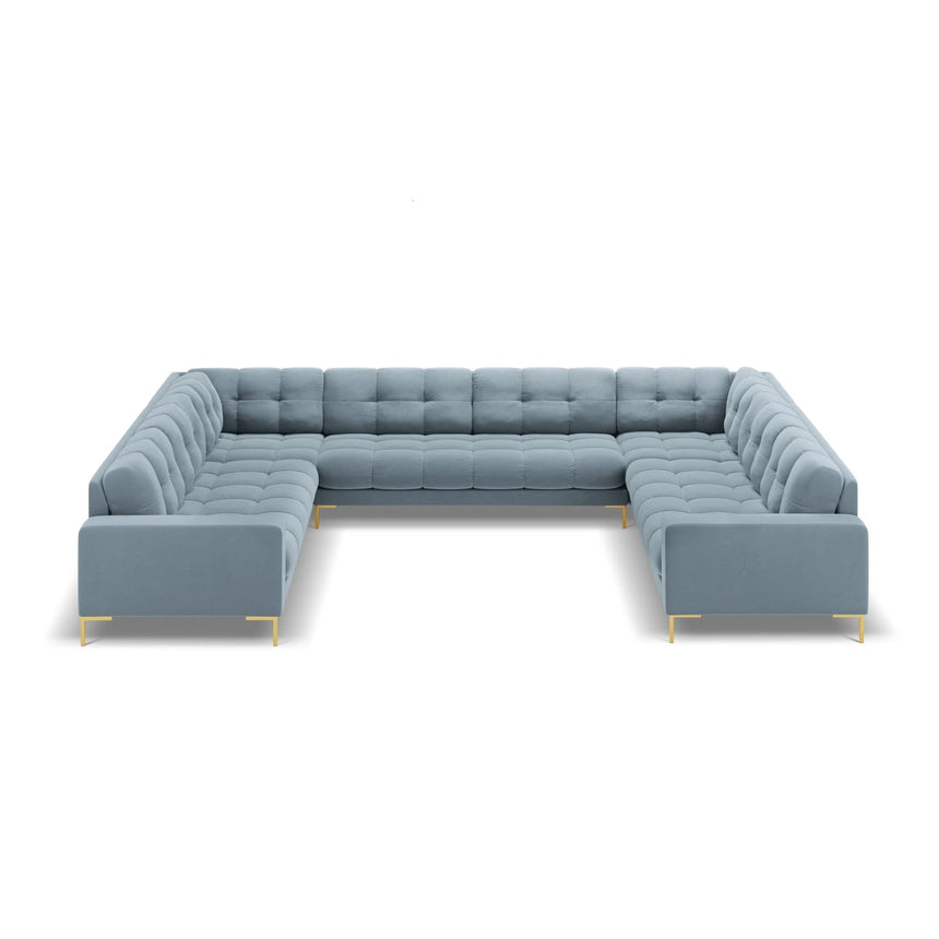 Mamaia 9-Sitzer Panorama-Sofa symmetrisch, Beine Goldmetall, mit Bezug aus Samt (Blu06) in Hellblau, 337x256 cm – Bild 3