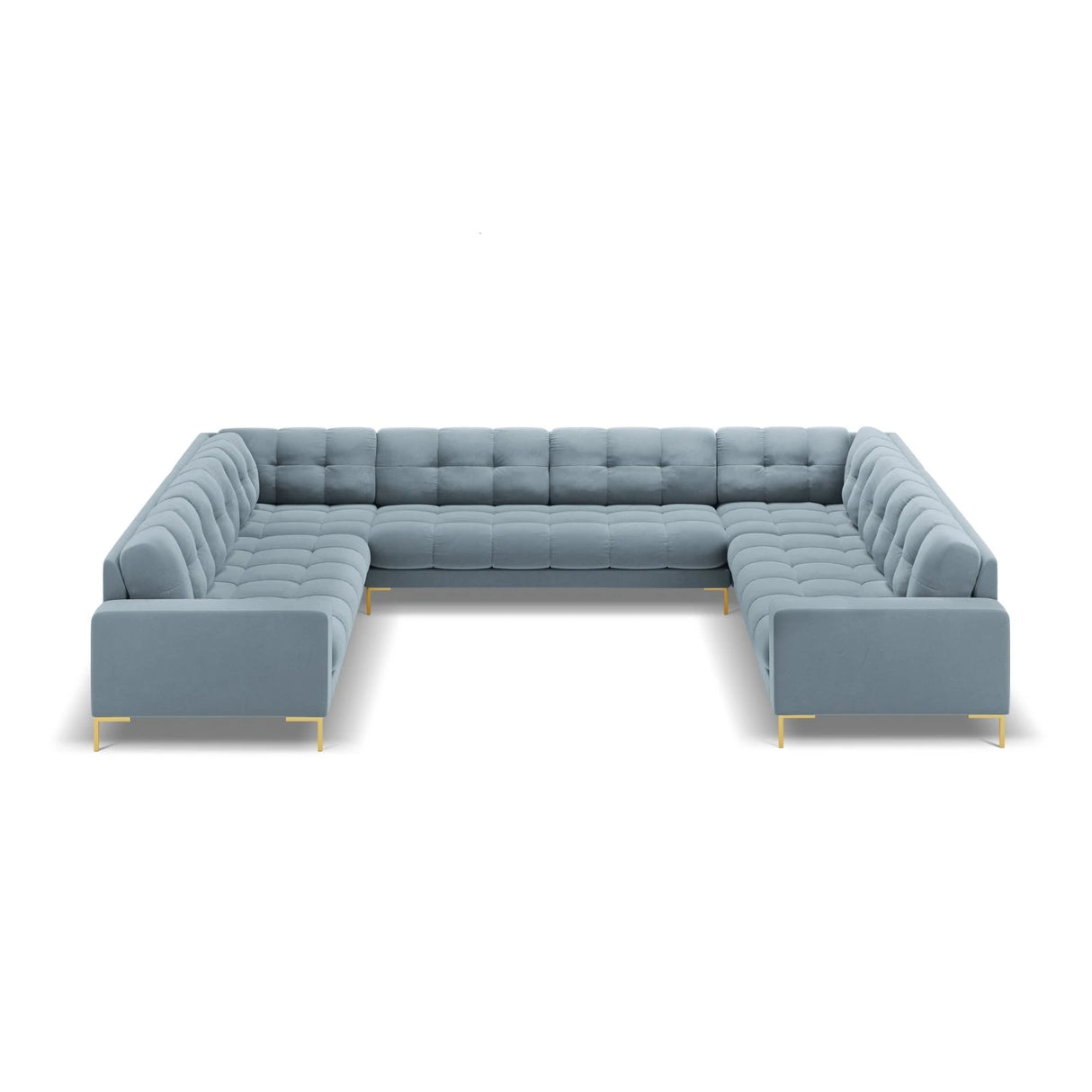 Mamaia 9-Sitzer Panorama-Sofa symmetrisch, Beine Goldmetall, mit Bezug aus Samt (Blu06) in Hellblau, 337x256 cm – Bild 3