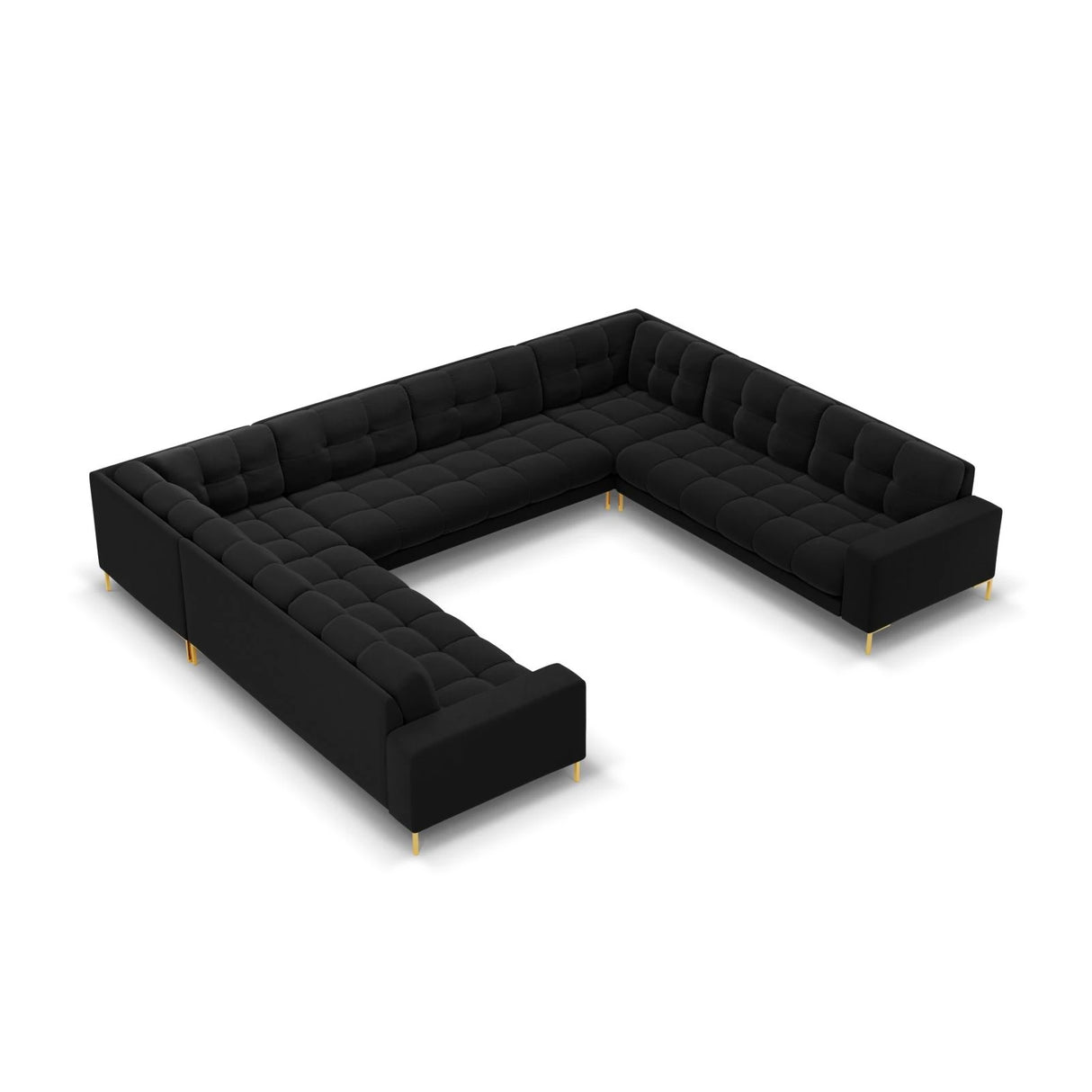 Mamaia 9-Sitzer Panorama-Sofa symmetrisch, Beine Goldmetall, mit Bezug aus Samt (Blu19) in Schwarz, 337x256 cm – Bild 1