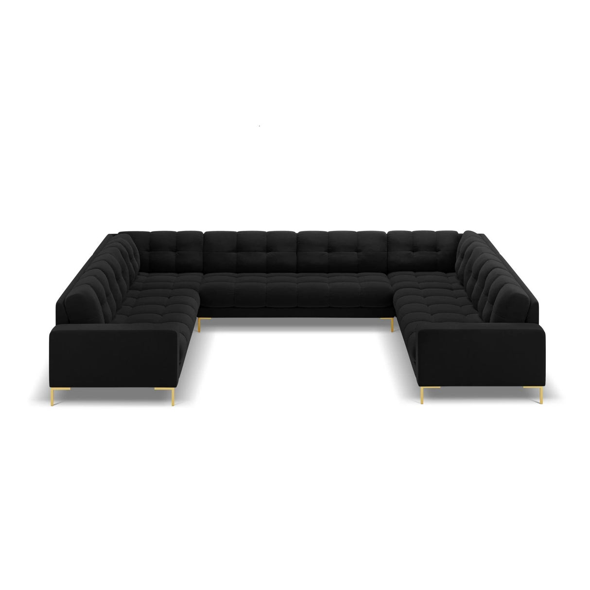 Mamaia 9-Sitzer Panorama-Sofa symmetrisch, Beine Goldmetall, mit Bezug aus Samt (Blu19) in Schwarz, 337x256 cm – Bild 3