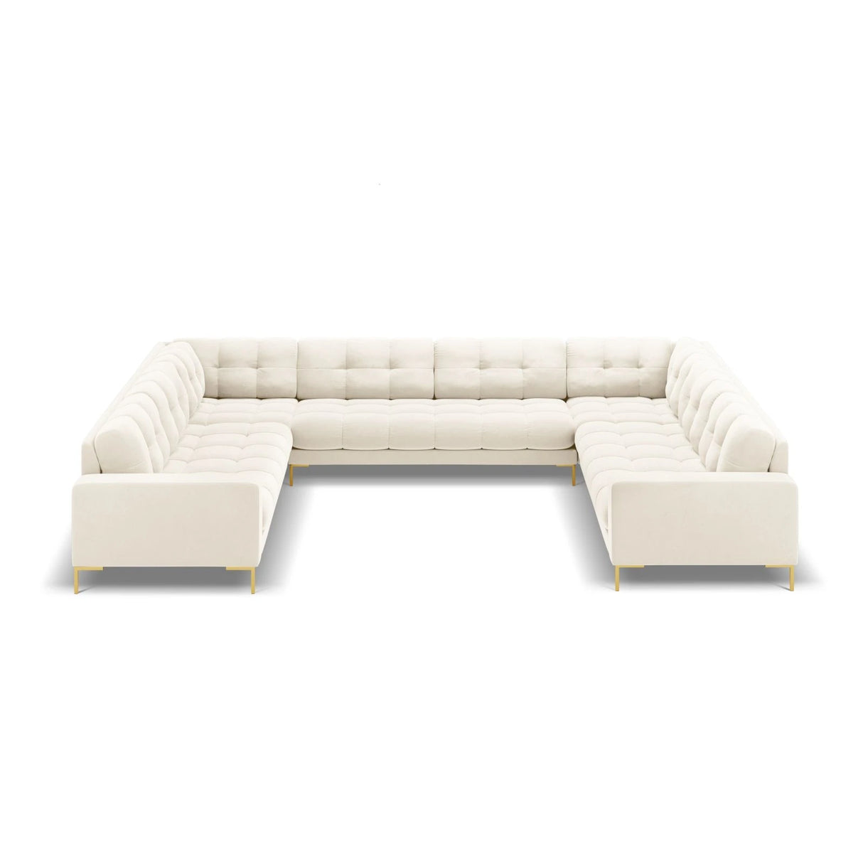 Mamaia 9-Sitzer Panorama-Sofa symmetrisch, Beine Goldmetall, mit Bezug aus Samt (Blu22) in Leichtes Beige, 337x256 cm – Bild 3