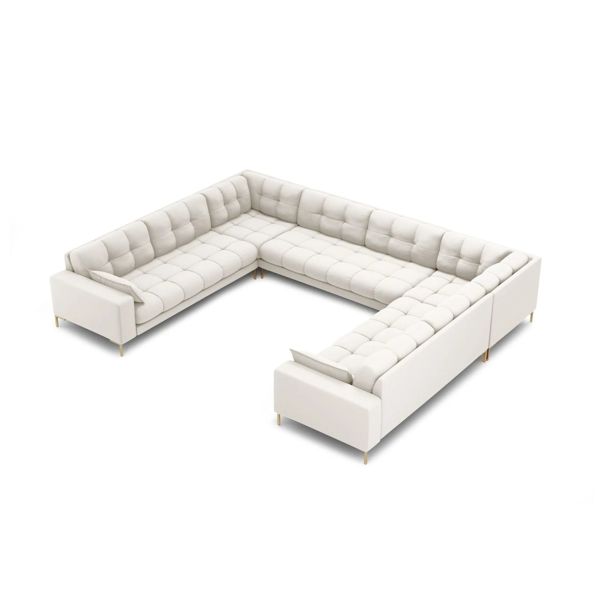 Mamaia 9-Sitzer Panorama-Sofa symmetrisch, Beine Goldmetall, mit Bezug aus Samt oder Strukturstoff, 337x256 cm – Bild 1